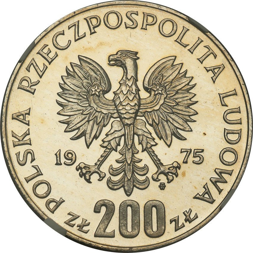 PRL. 200 złotych 1975 Faszyzm stempel lustrzany NGC PF65 CAMEO (2 MAX)